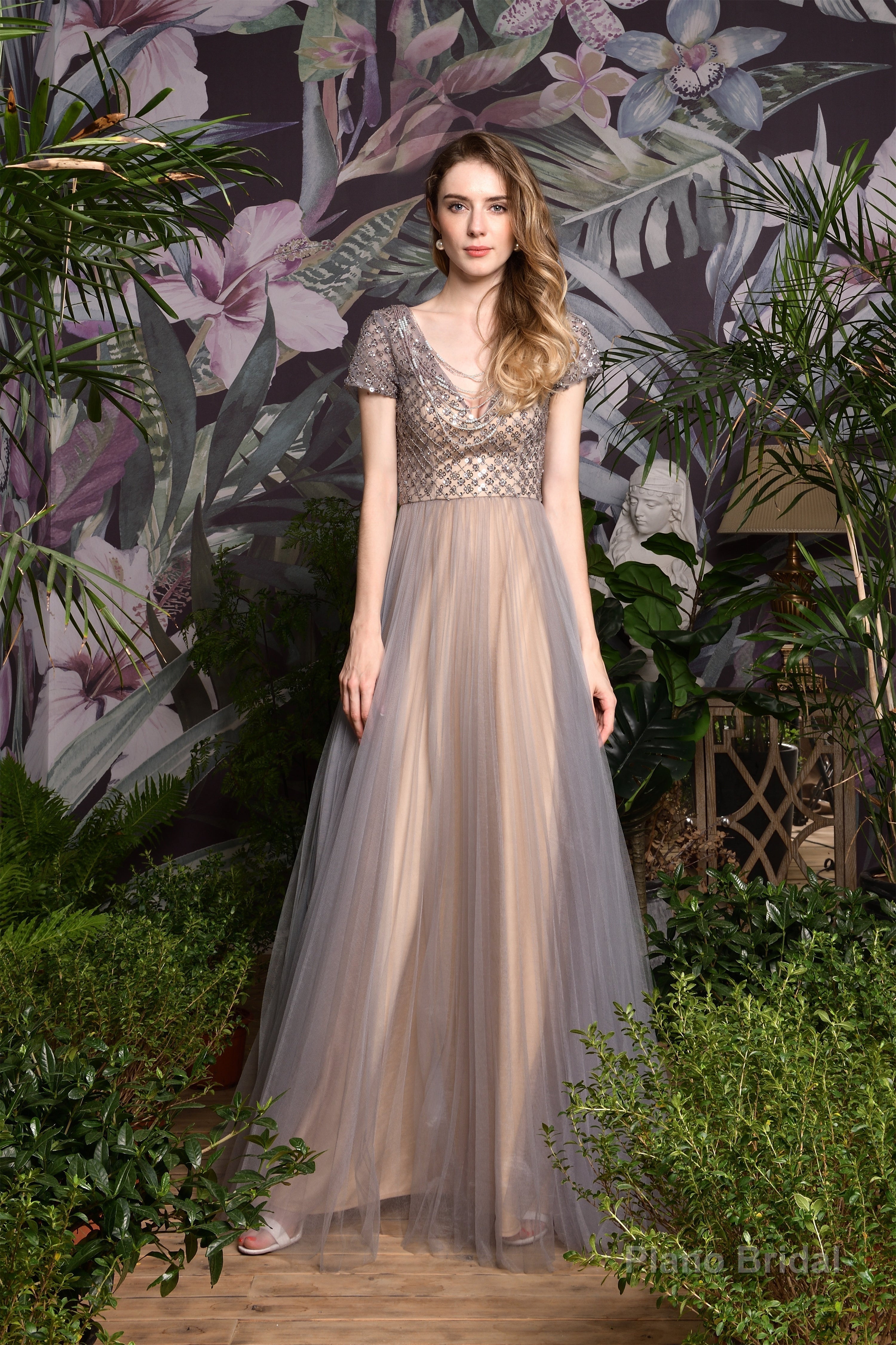 Short Sleeve V Neck A Line Sequin Beaded Long Prom Dresses Main image