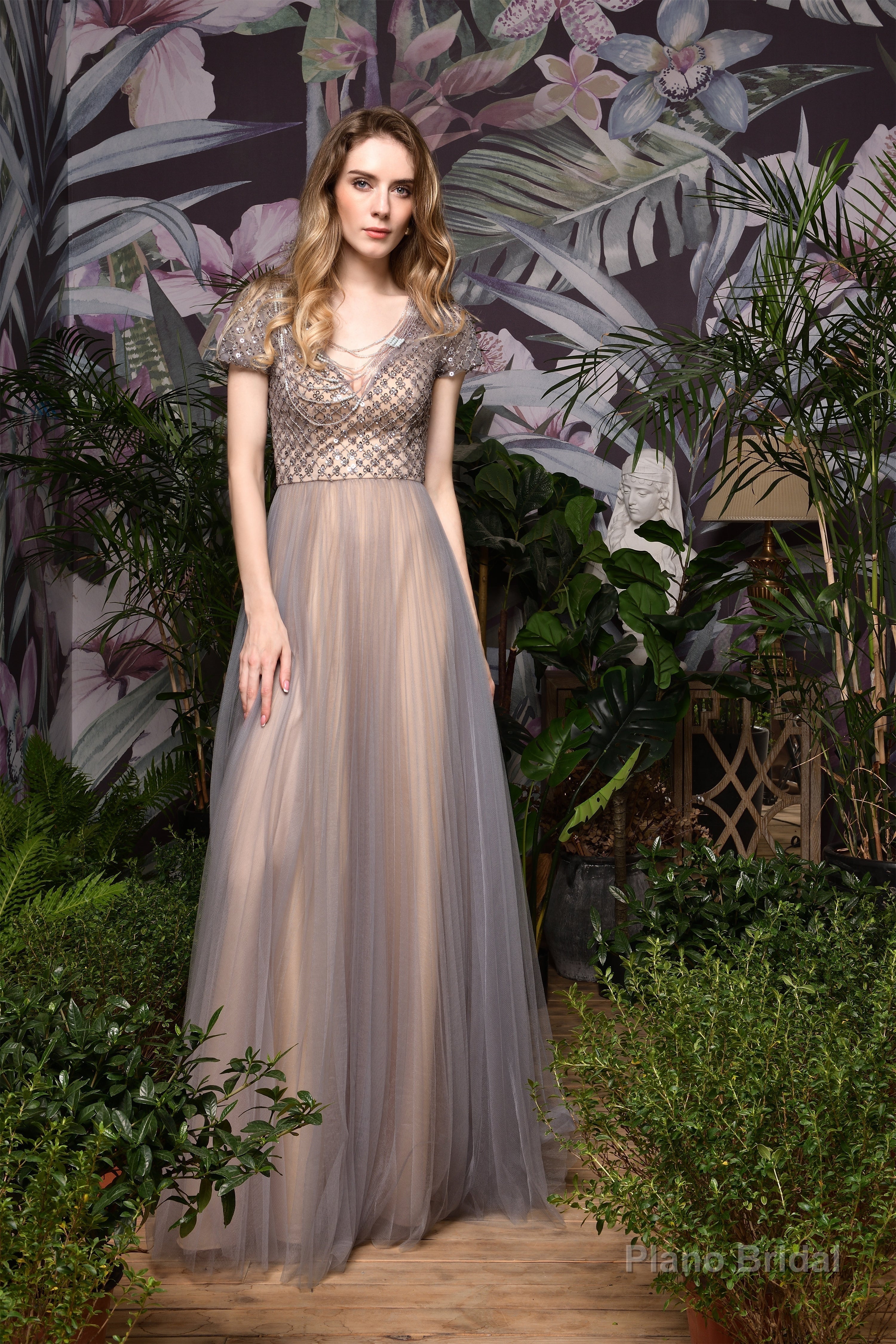 Short Sleeve V Neck A Line Sequin Beaded Long Prom Dresses