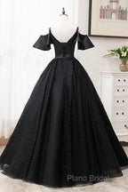 Short Sleeves Black Tulle Lace Sweetheart Long Formal Prom Dresses