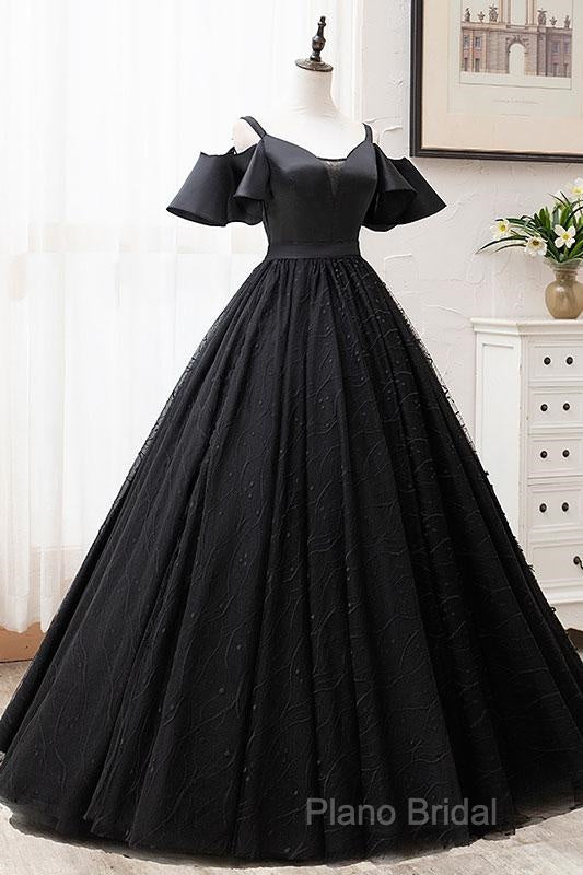 Short Sleeves Black Tulle Lace Sweetheart Long Formal Prom Dresses