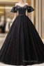 Short Sleeves Black Tulle Lace Sweetheart Long Formal Prom Dresses