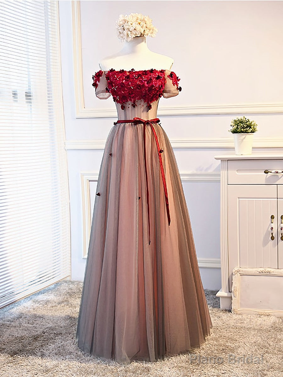 Short Sleeves Burgundy Floral Long Prom Dresses, Burgundy Floral Formal Bridesmaid Dresses Secondary image