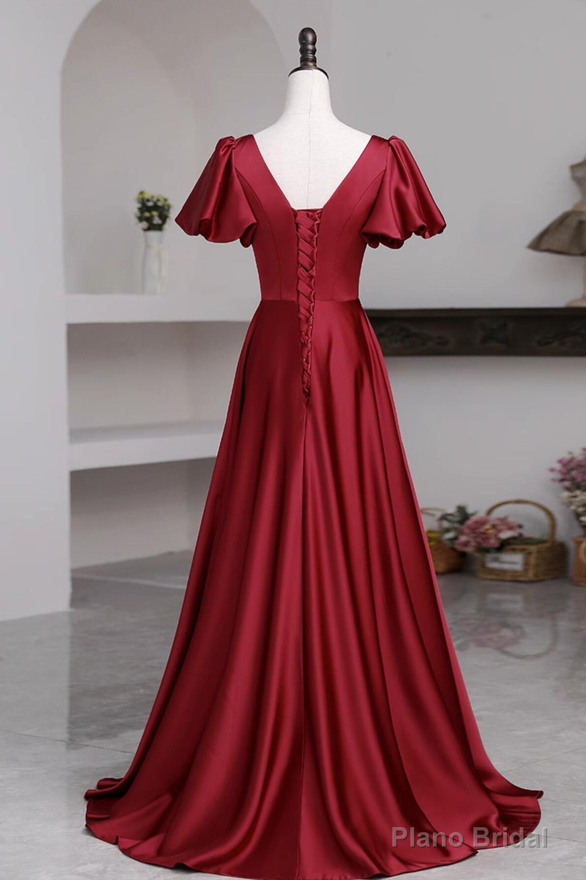Short Sleeves Burgundy Long Prom Dresses with High Slit, Wine Red High Slit Long Formal Evening Dresses Secondary image