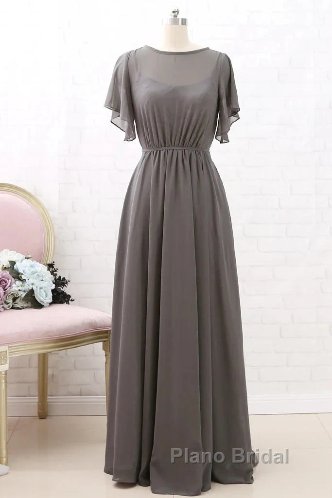 Short Sleeves Chiffon Long Bridesmaid Dresses Wedding Party Formal Dresses