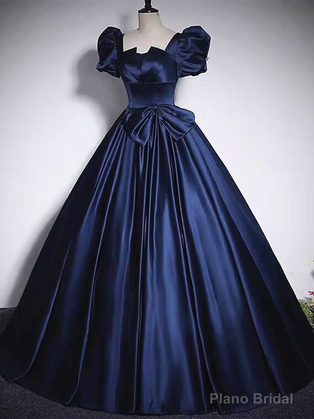 Short Sleeves Dark Blue Long Prom Dresses, Dark Blue Short Sleeves Long Formal Evening Dresses Main image