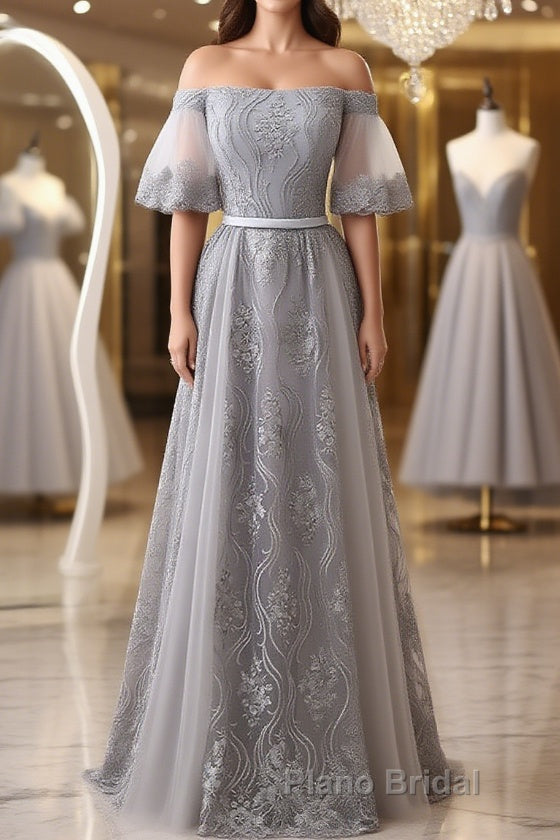 Short Sleeves Grey Lace Long Formal Prom Dresses, Short Sleeves Gray Lace Long Formal Evening Dresses