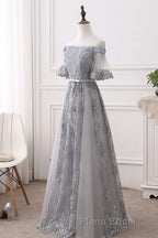 Short Sleeves Grey Lace Long Formal Prom Dresses, Short Sleeves Gray Lace Long Formal Evening Dresses