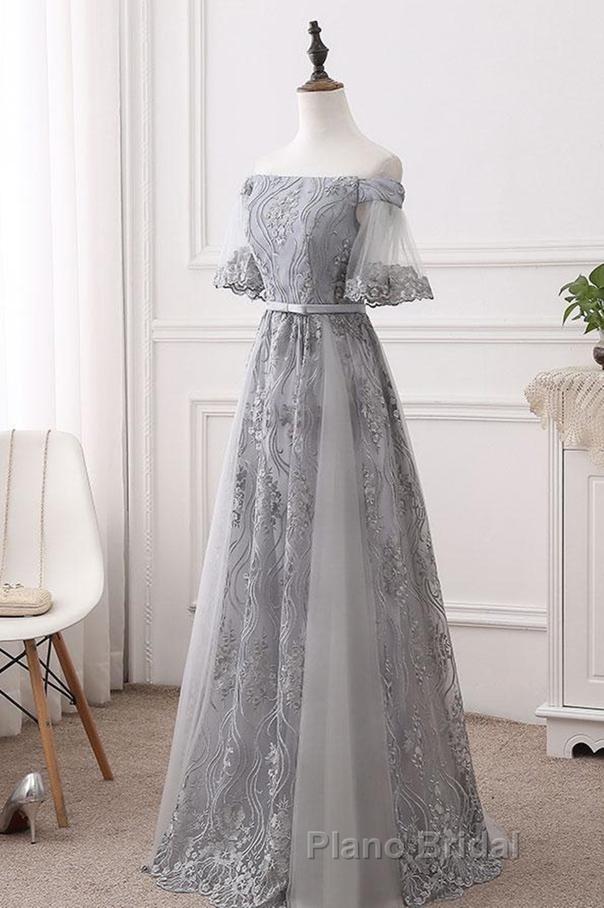 Short Sleeves Grey Lace Long Formal Prom Dresses, Short Sleeves Gray Lace Long Formal Evening Dresses
