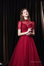 Short Sleeves High Neck Open Back Beading Long Prom Dresses