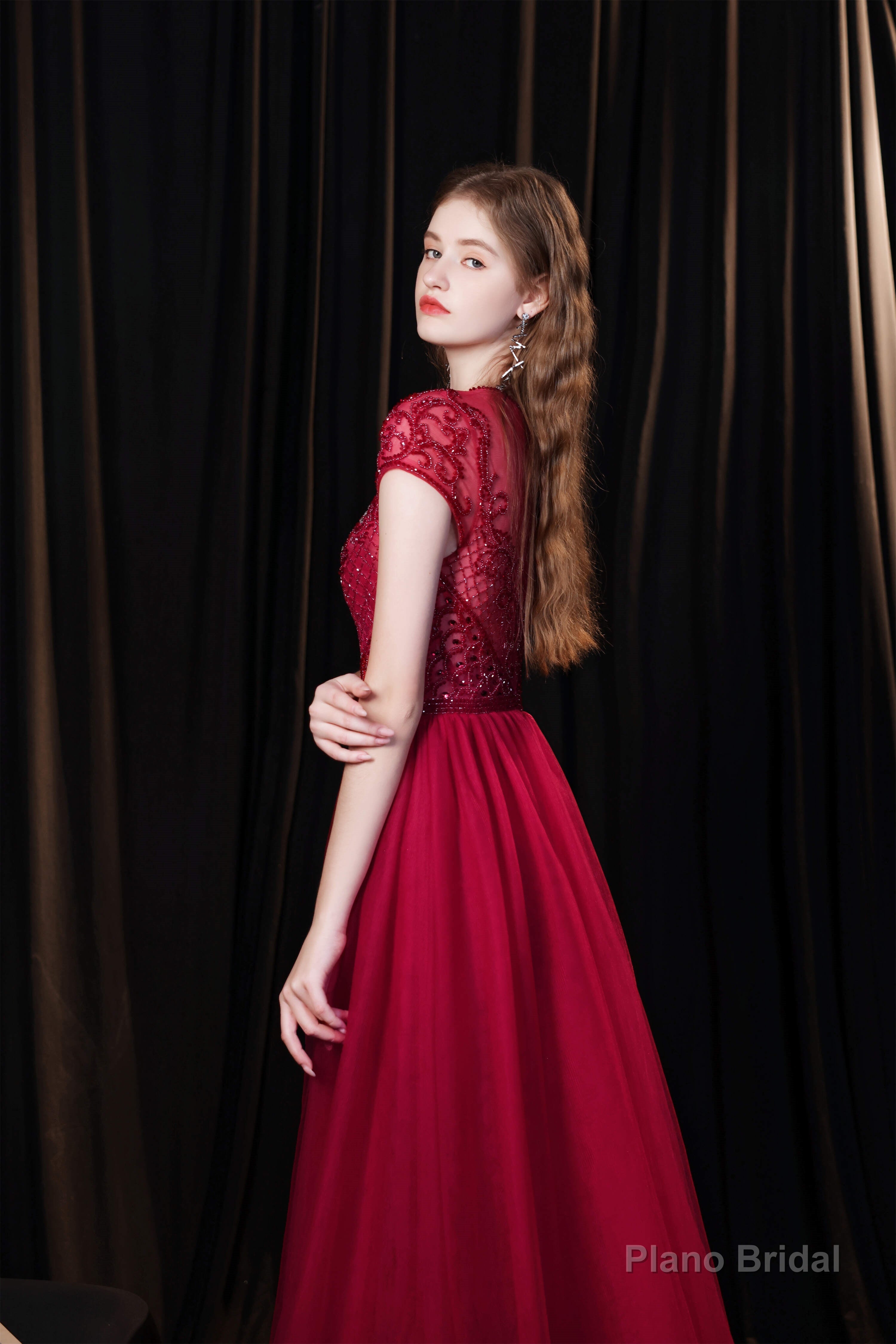 Short Sleeves High Neck Open Back Beading Long Prom Dresses