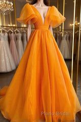 Short Sleeves Orange Long Formal Prom Dresses, Orange Long Formal Evening Dresses