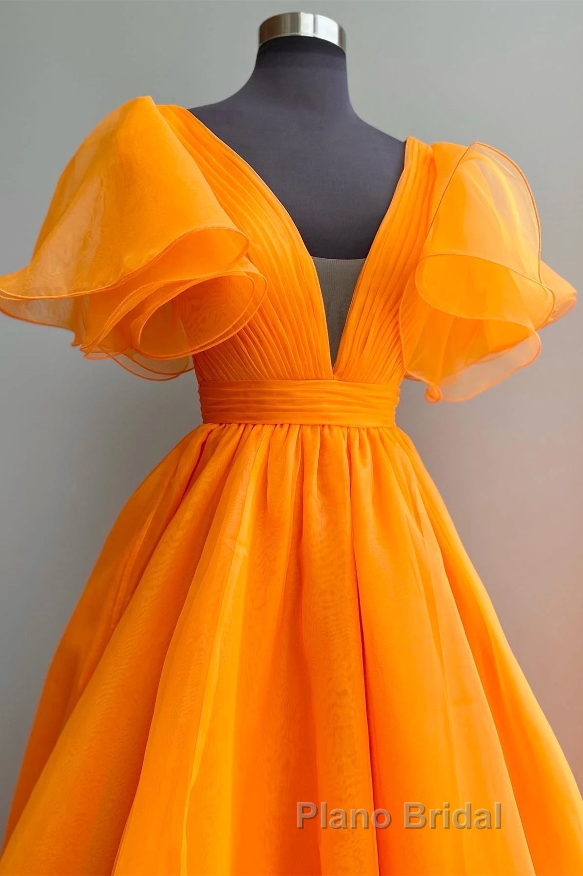 Short Sleeves Orange Long Formal Prom Dresses, Orange Long Formal Evening Dresses
