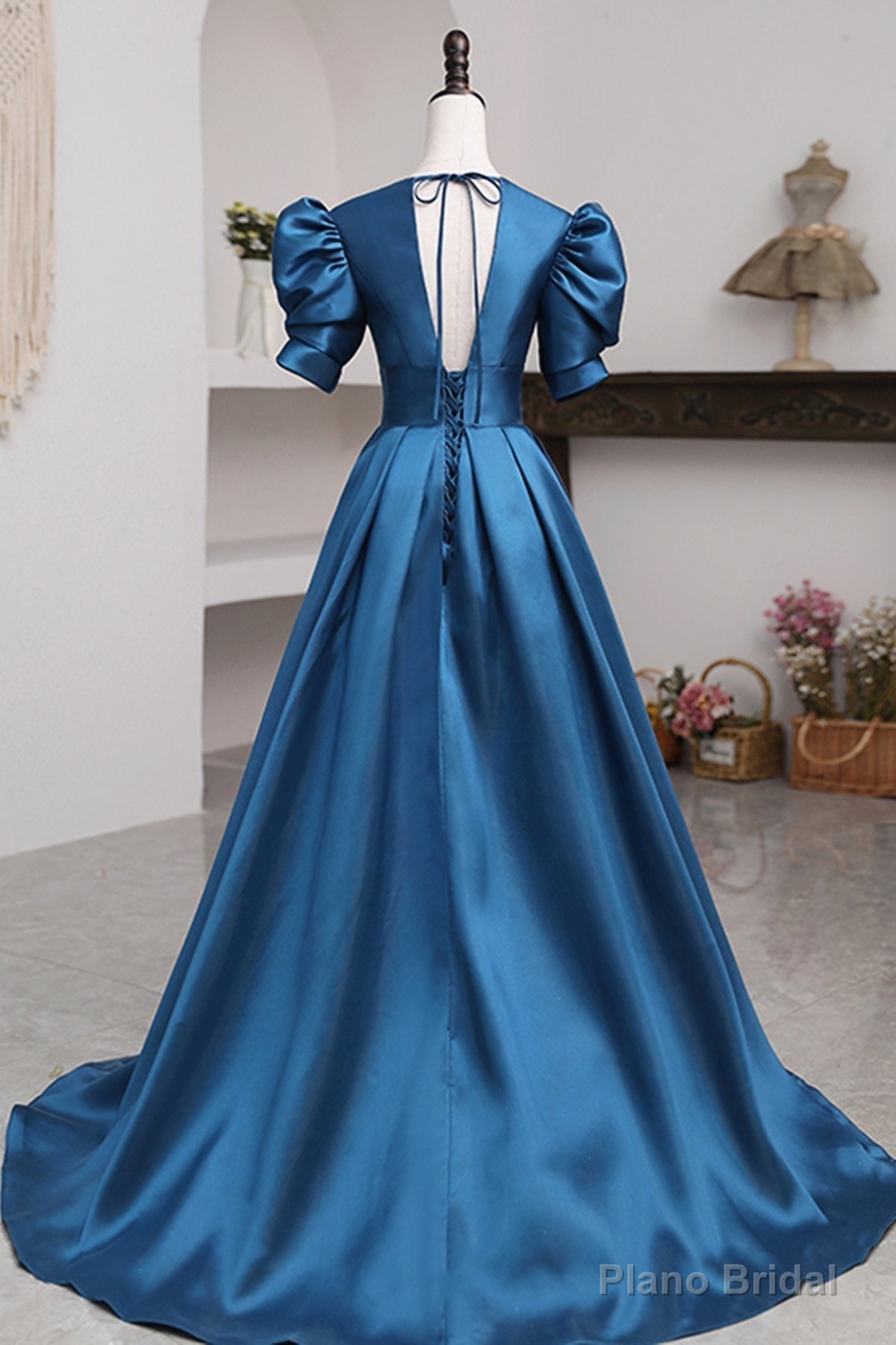 Short Sleeves Peacock Blue Long Prom Dresses, Peacock Blue Long Formal Evening Dresses Secondary image