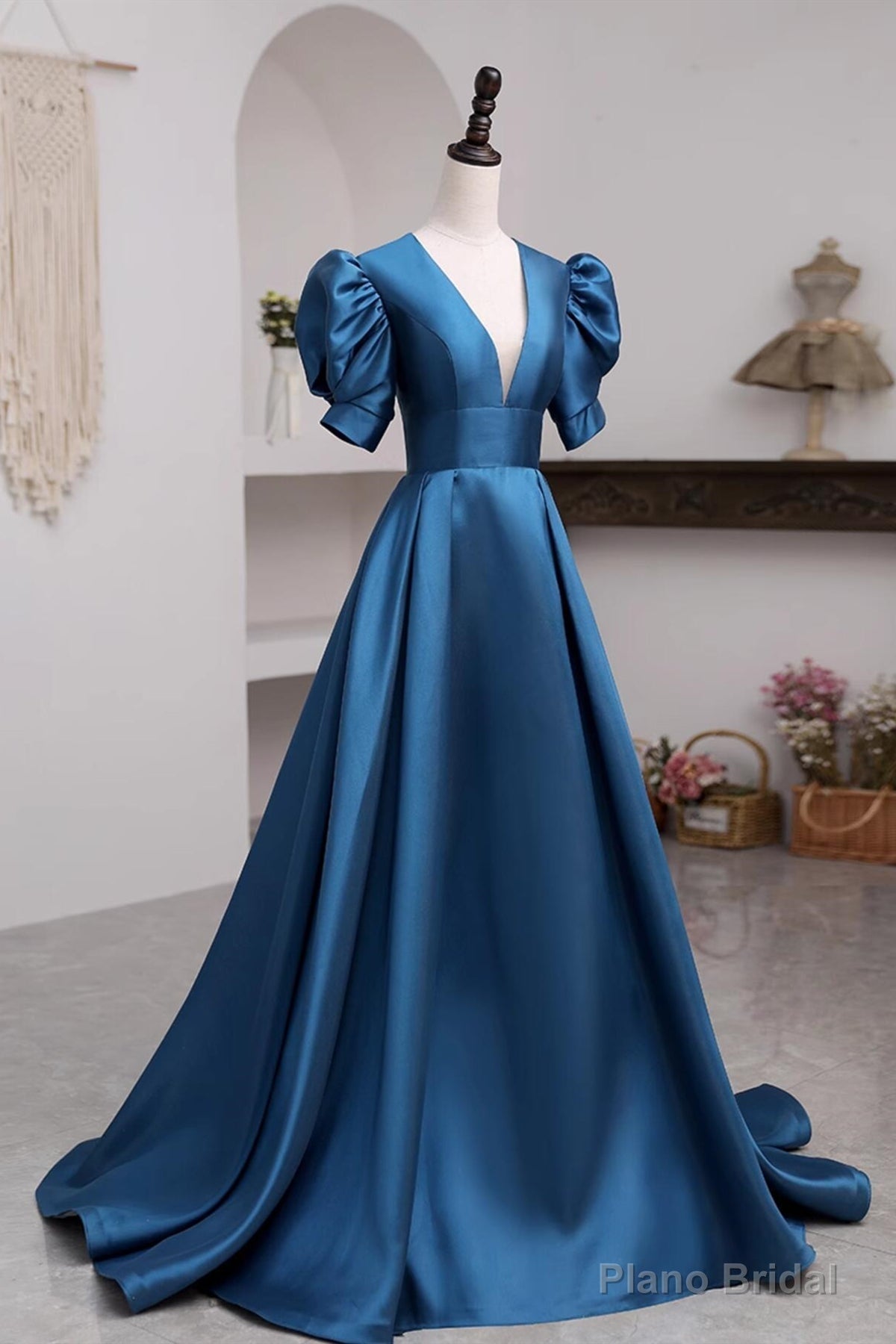 Short Sleeves Peacock Blue Long Prom Dresses, Peacock Blue Long Formal Evening Dresses