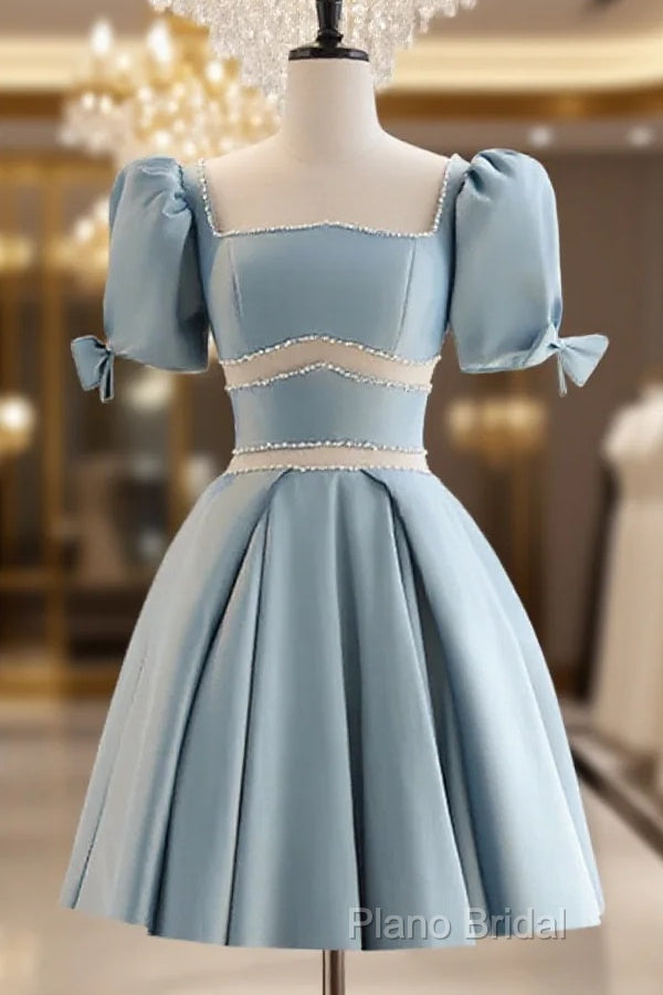 Short Sleeves Short Blue Formal Prom Dresses, Short Blue Formal Homecoming Dresses Main image
