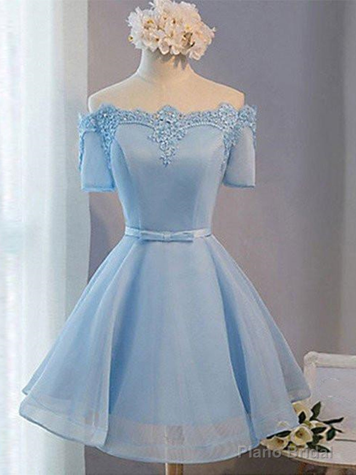 Short Sleeves Short Blue Prom Dresses with Lace-up, Short Blue Homecoming Graduation Dresses Main image