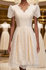 Short Sleeves Short Champagne Lace Formal Prom Dresses, Short Champagne Lace Formal Wedding Dresses