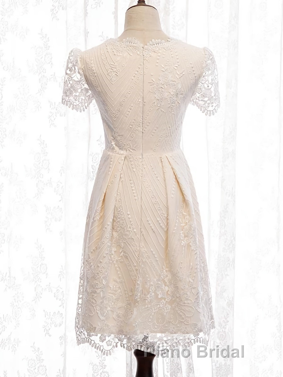 Short Sleeves Short Champagne Lace Formal Prom Dresses, Short Champagne Lace Formal Wedding Dresses