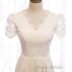 Short Sleeves Short Champagne Lace Formal Prom Dresses, Short Champagne Lace Formal Wedding Dresses
