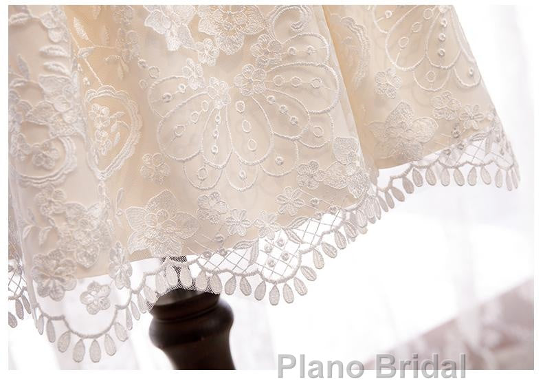 Short Sleeves Short Champagne Lace Formal Prom Dresses, Short Champagne Lace Formal Wedding Dresses