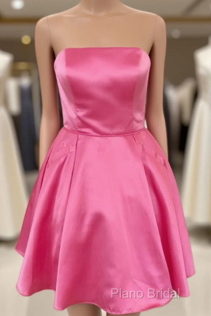 Short Strapless Pink Formal Prom Dresses, Short Pink Graduation Homecoming Dresses