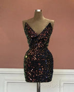 Short V-Neck Black Sequin Tight Dresses