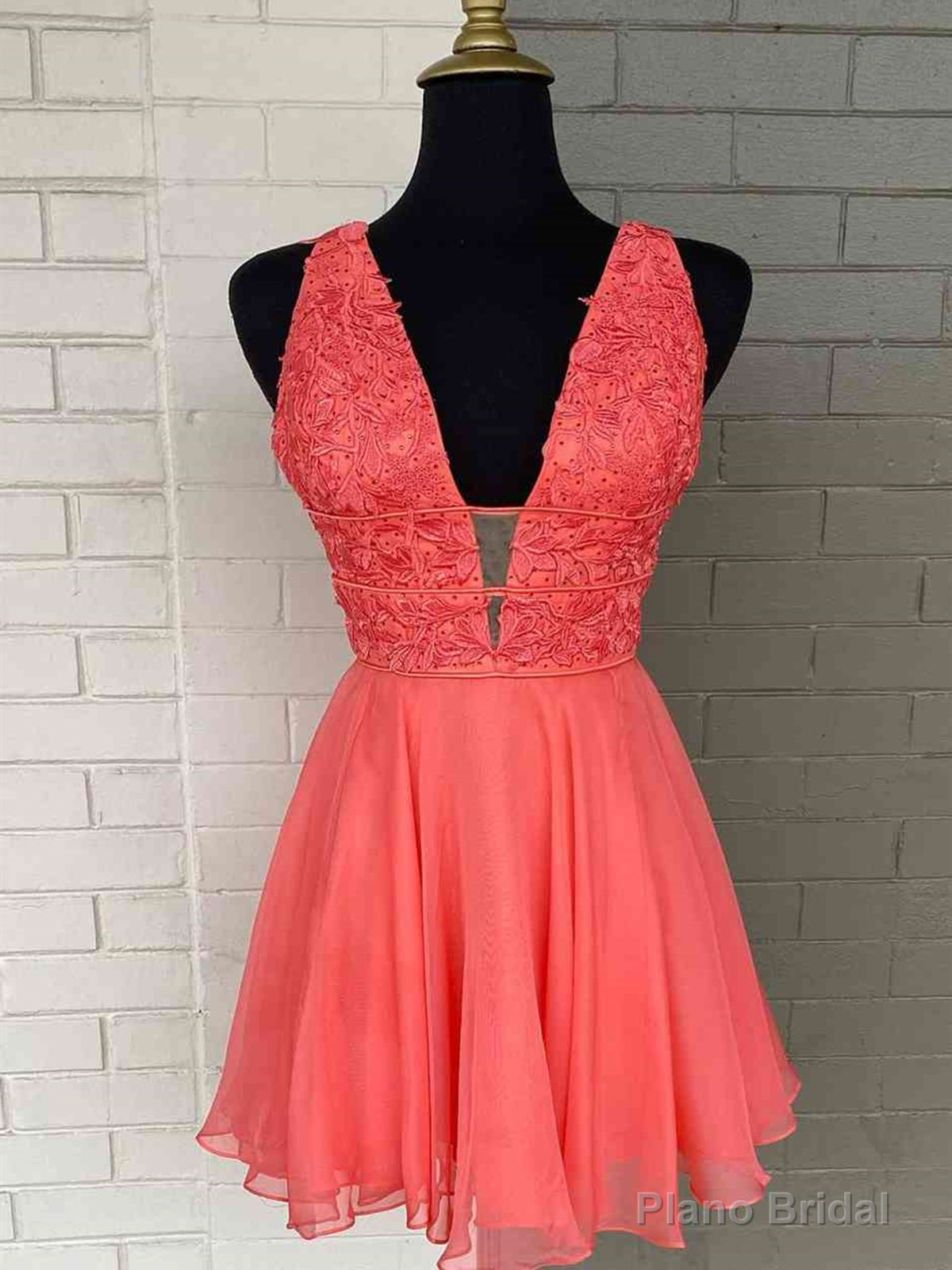 Short V Neck Coral Lace Prom Dresses, V Neck Coral Lace Formal Homecoming Dresses Main image