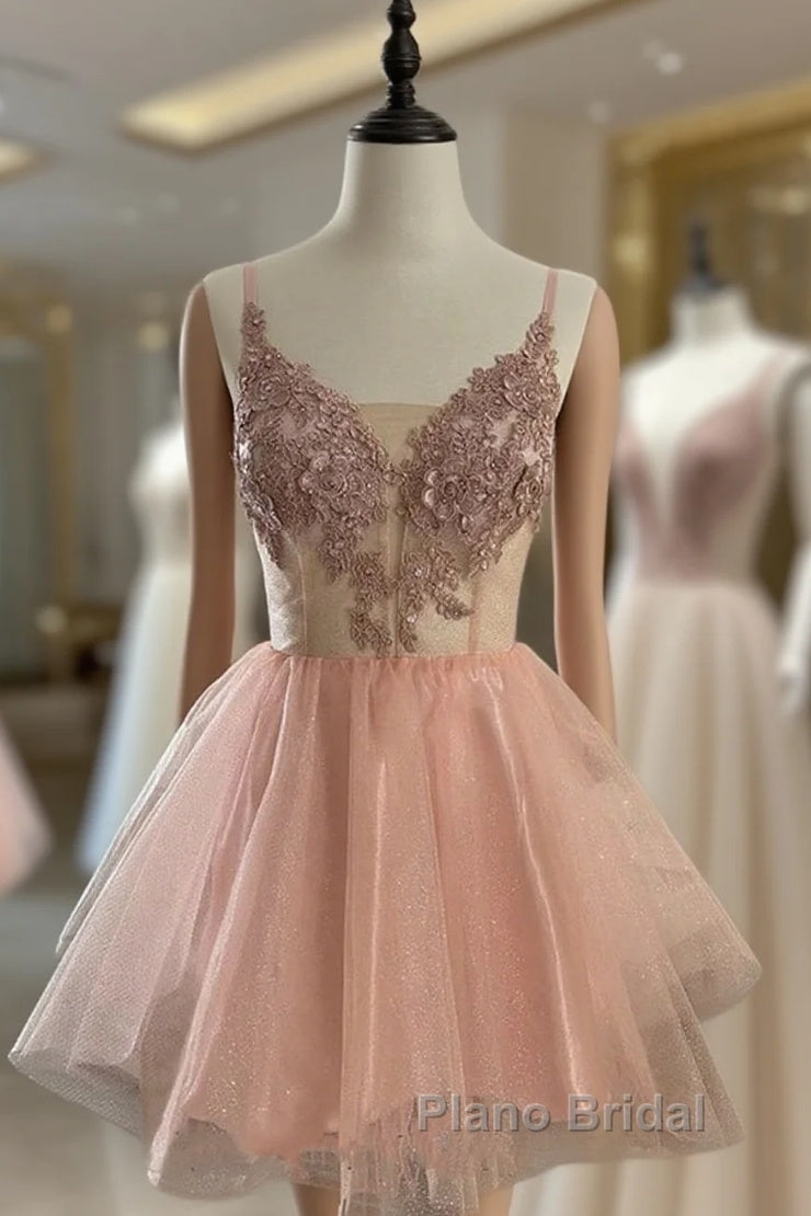 Short V Neck Pink Lace Formal Prom Dresses, Short Pink Lace Graduation Homecoming Dresses