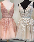 Short V-neck Tulle Formal Prom Homecoming Dresses Lace Embroidery