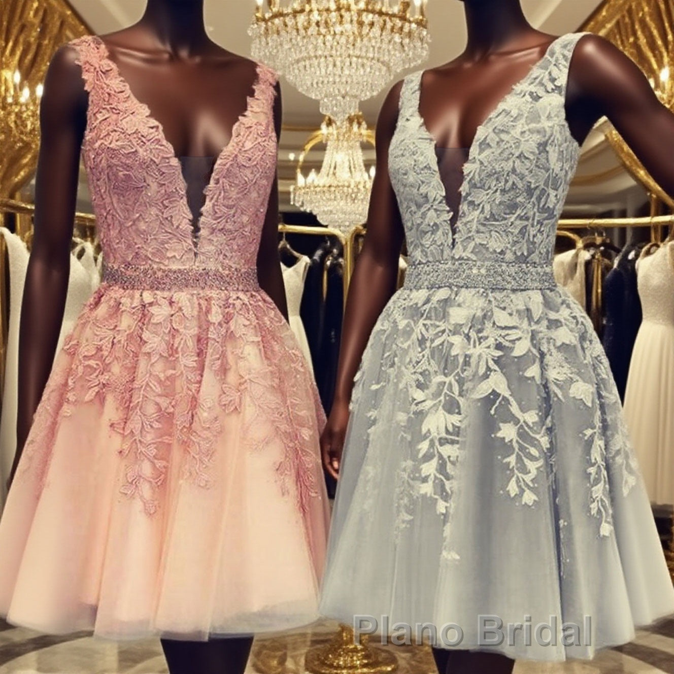 Short V-neck Tulle Formal Prom Homecoming Dresses Lace Embroidery Main image