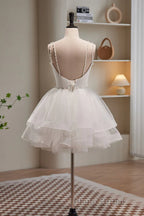 Short V Neck White Formal Prom Dresses, Short V Neck White Formal Homecoming Dresses