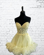 Short Yellow Lace Corset Ruffle Hemline Dresses