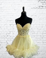 Short Yellow Lace Corset Ruffle Hemline Dresses