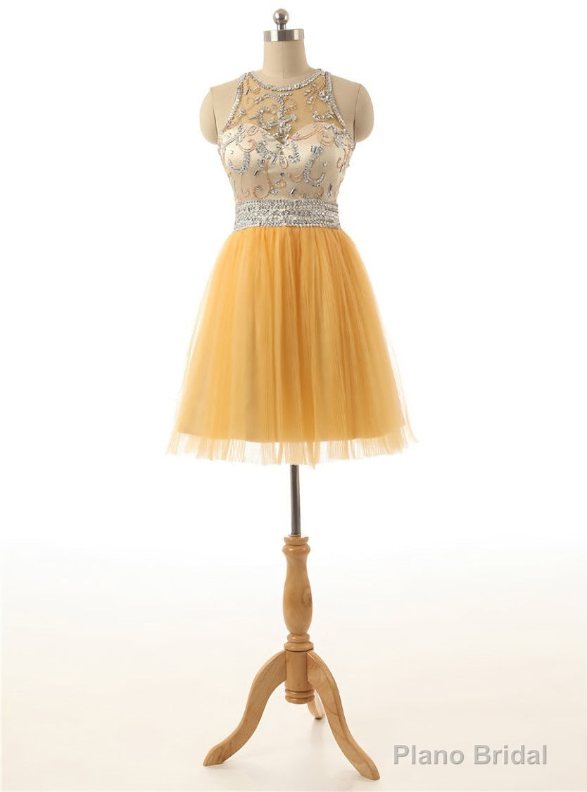 Short Yellow Tulle Prom Party Dresses A Line Homecoming Dresses Sequins Beading Main image