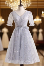 Silver A-Line Short Party Dresses Birthday Dresses With Short Sleeves Homecoming Dresses