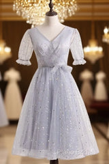 Silver A-Line Short Party Dresses Birthday Dresses With Short Sleeves Homecoming Dresses