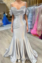Silver Cold Sleeves Beaded Ruched Mermaid Formal Prom Dresses