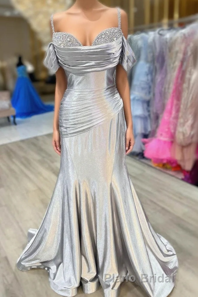 Silver Cold Sleeves Beaded Ruched Mermaid Formal Prom Dresses