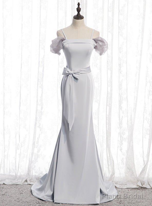 Silver Gray Mermaid Satin Spagehtti Straps Prom Dress With Sash Main image
