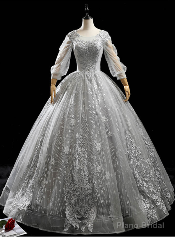 Silver Gray Tulle Appliques Long Sleeve Beading Quinceanera Dress Main image