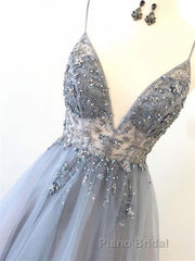 Silver Grey V Neck Floor Length Long Beaded Formal Prom Dresses, Grey Long Beaded Formal Evening Dresses