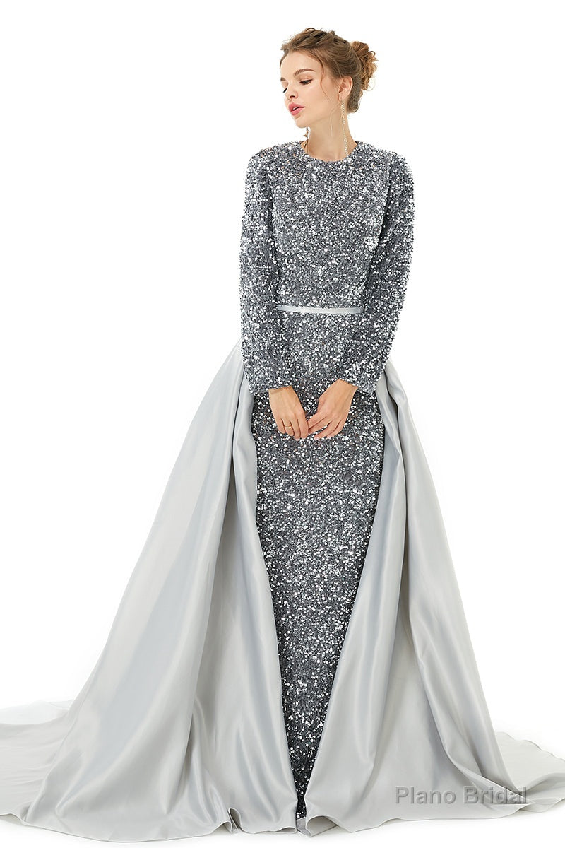 Long sleeve Sequin Prom Dresses with Detachable Skirt