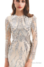 Long Sleeves Mermaid Detachable Train Prom Dresses with Train Sequined