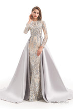 Long Sleeves Mermaid Detachable Train Prom Dresses with Train Sequined