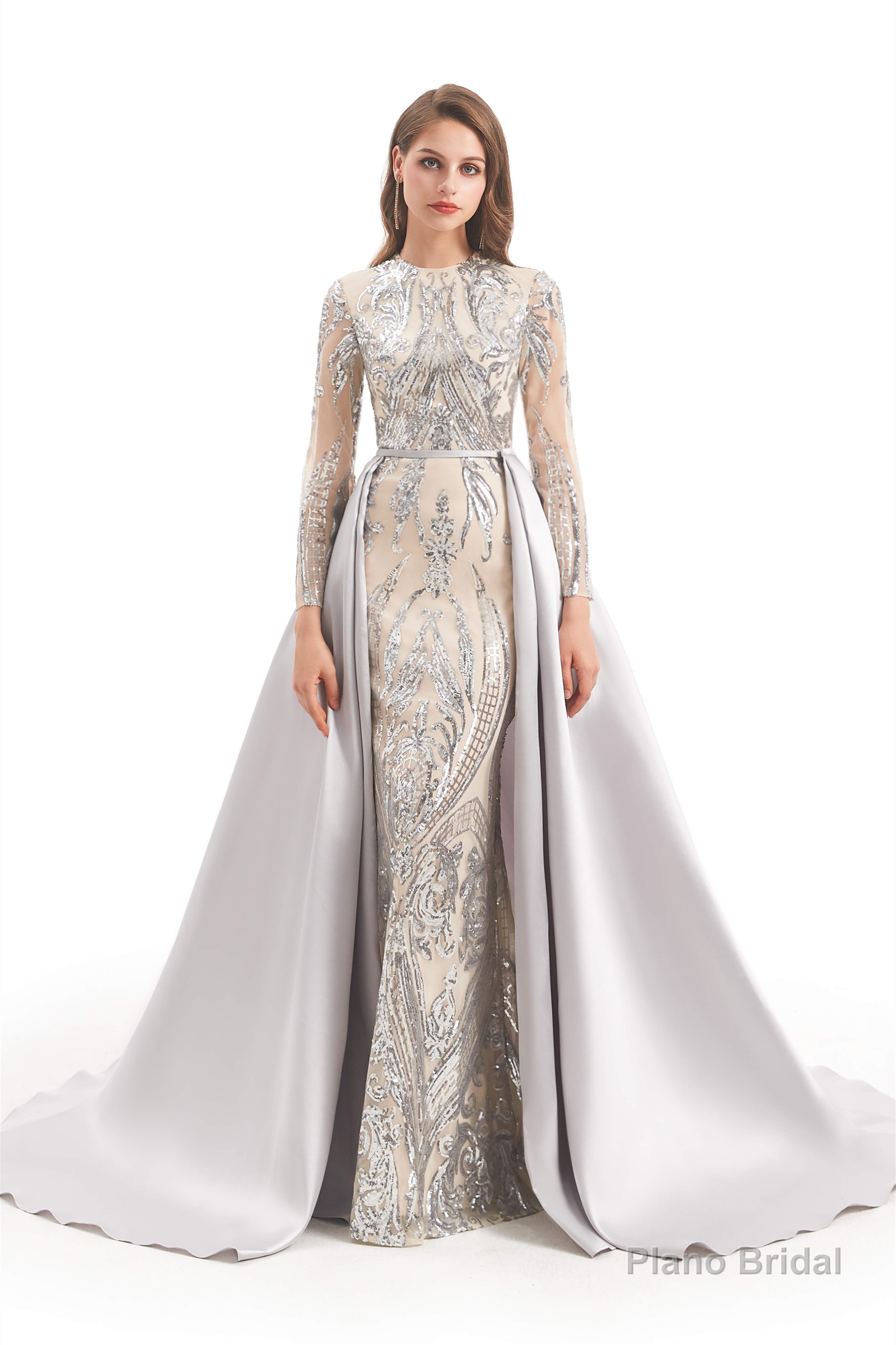 Long Sleeves Mermaid Detachable Train Prom Dresses with Train Sequined