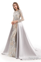 Long Sleeves Mermaid Detachable Train Prom Dresses with Train Sequined
