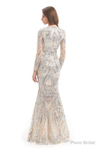 Long Sleeves Mermaid Detachable Train Prom Dresses with Train Sequined