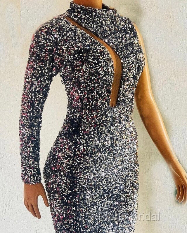 Silver Mermaid Sequin Formal Prom Dresses One Shoulder