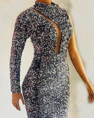 Silver Mermaid Sequin Formal Prom Dresses One Shoulder