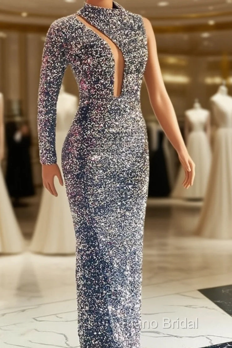 Silver Mermaid Sequin Formal Prom Dresses One Shoulder